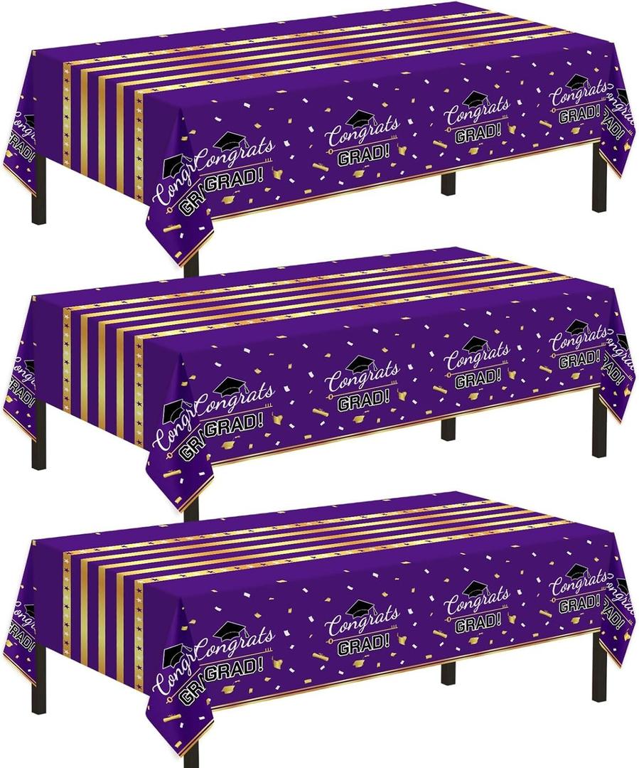 Childom 3 Pack Graduation Tablecloth,Graduation Decorations Class of 2026 Graduation Party Decorations,54"x108" Purple and Gold Plastic Table Cloth Disposable Rectangle for Home,School,Party Supplies