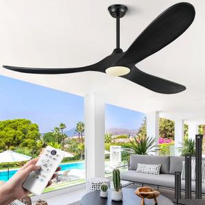 ABZ Ceiling Fans with Lights and Remote Control, 60 Inch Solid Wood Propeller Outdoor Ceiling Fan for Patios, 3 Blades Black Ceiling Fan with Light for Indoor Porch Farmhouse, Matte Black