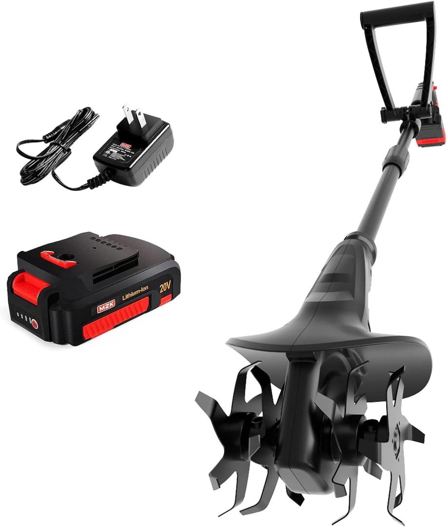 MZK 20V Cordless Tiller Cultivator with Steel Tines,7.8-inch Wide Battery Powered Garden Cultivator, 360RPM Electric Mini Tiller for Lawn/Gardening/Soil Cultivation(2AH Battery and Charger Included)
