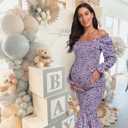 Spring Long Puff Sleeve Maternity Dress Floral Ruffle Hem Mermaid Baby Shower/Photoshoot Dress (M)