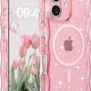 FABSPARK Case for iPhone 16e/17e,Compatible with MagSafe,Magnetic Clear Curly Wavy Frame Wave Case with Sparkly Bling Glitter,Transparent Acrylic Hard PC for iPhone 17e/16e,Glitter Clear Pink