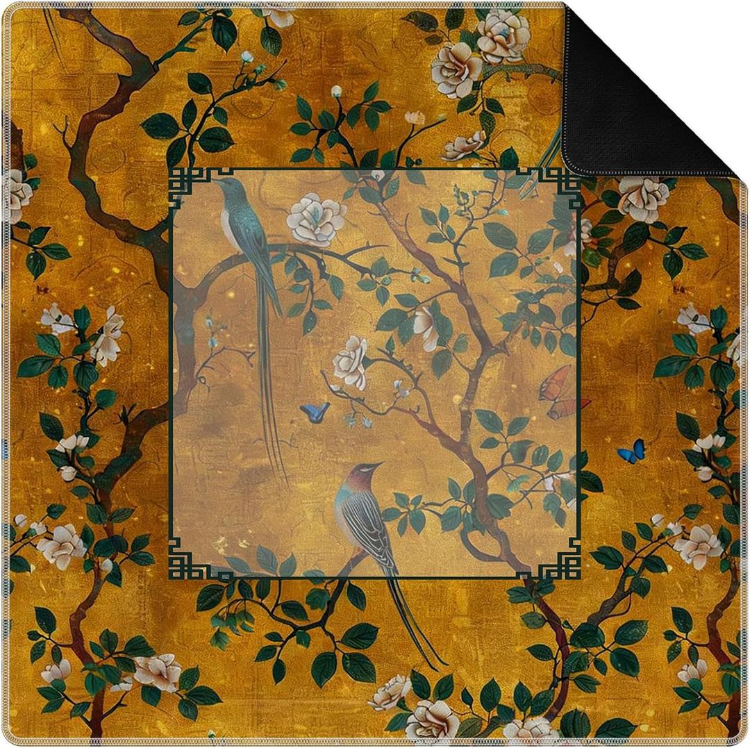 Vintage Chinoiserie Floral Bird Mahjong Mat for Table 31.5 x 31.5 in, Oriental Gold Chinese Botanical Non-Slip Noise Reduction Game Table Cover for American Mahjong Card Board Tile Games, Oriental Gold Floral Bird