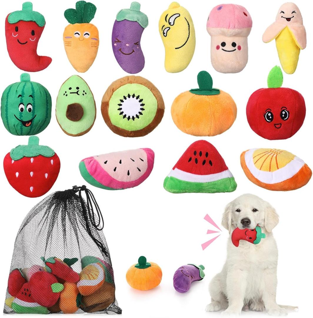 Tasdurian 15 Pack Squeaky Dog Toys with a Carrying Bag Plush Small Dogs Toy Stuffed with Squeakers Irresistibly Cute Fruit and Vegetable for Puppy Interactive Dog Squeak Toys for Fun Teeth Cleaning