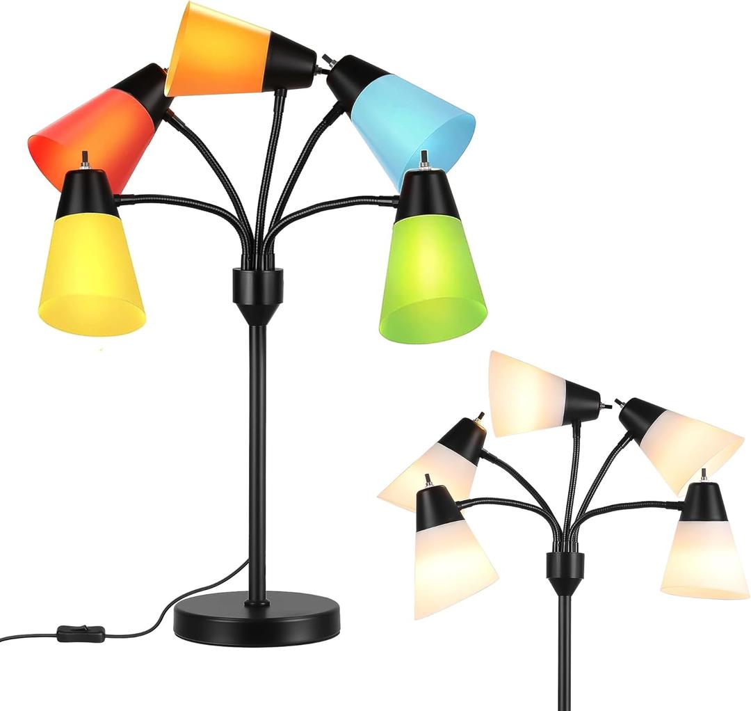 Hamucd Tree Table lamp, Multi Head Medusa 5 Light Adjustable Gooseneck Corner Lamp, Rustic Kids Bedside Reading Lamp with Fun Light Multicolored Shades for Bedroom, Living Room, Office, STR-DL-0027 (Black)