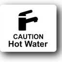 White 'Caution Hot Water' Sign - 4.72"x3.94" (120mm x 100mm) - Rigid 1mm Thick Substrate - UV Printed with Self-Adhesive Backing for Easy Installation