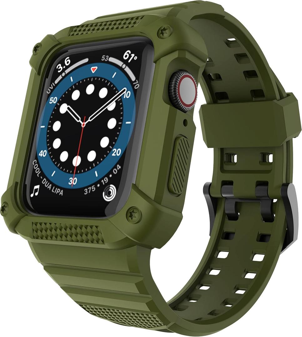 GELISHI Compatible with Apple Watch Band 41mm 40mm 38mm, Men Rugged Protective Case Bumper with Sport Band Military Shockproof Case for Watch Series 9 8 7 6 SE 5 4 3 2, Army Green