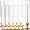 Teenyyou 12 Set Glass Hurricane Candle Holders 11.8" Open Ended Glass Candleholder Tube Shape Bottomless and 1.3" Taper Candlestick Holders for Wedding Party Table Centerpiece (Gold)