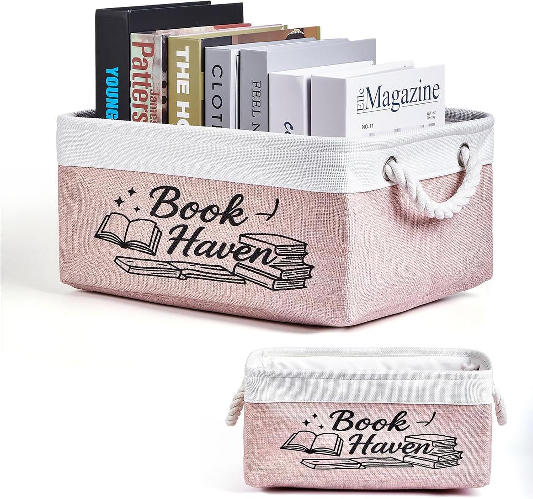 Book Storage Basket for Book Lovers, Reading List Organizer Bin, Bookworm Gift, Book Accessories for Students, Teachers, and Book Club Members (Pink)