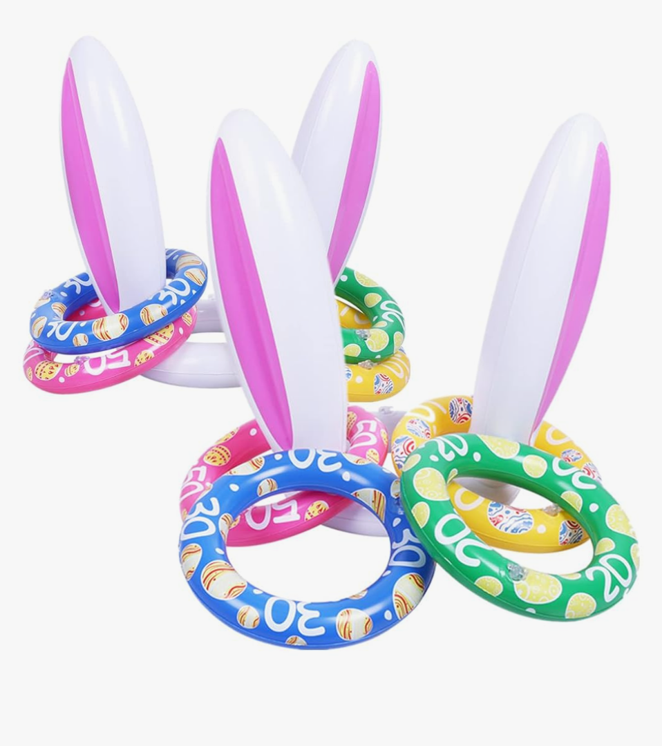 14 Pack Max Fun Easter Inflatable Bunny Ring Toss Games Inflatable Toss Game for Easter Party Favors Indoor Outdoor Games, 2 Bunny Ears Balloons, and 3 Balloons for Each Color Blue, Yellow, Pink and Green (Easter Bunny Ears Ring Toss)