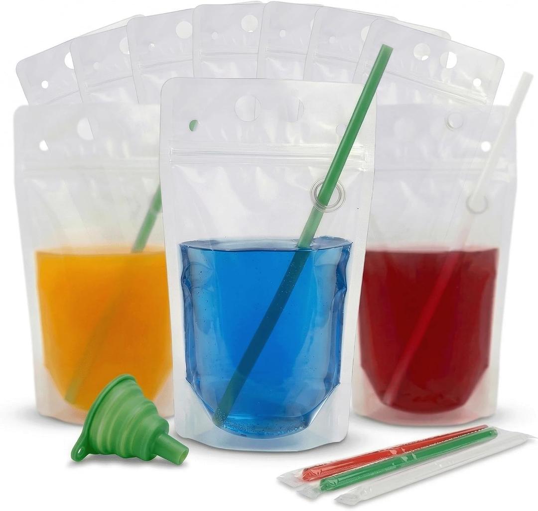 C CRYSTAL LEMON 200PCS Drink Pouches with 200 Straws Reclosable Handheld Juice, Smoothie & Liquor Bags Heavy-Duty Pouches for Parties, Travel & Events