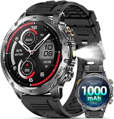 Military Smart Watches for Men, Smart Watch with 1000 mAh Battery/Answer/Dial Calls/Fitness Tracker/Flashlight/Heart Rate/Sleep Monitor/100+ Sports Mode, 1.7 Waterproof Smartwatch for Android/iPhone
