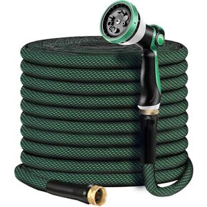 Non-Expandable Garden Hose 100feet, Felxible Water Hose with 10 Function Hose Nozzle, Lightweight, Tangle Free, Rust Proof for Yard - 2025 Model(Blue or Green)