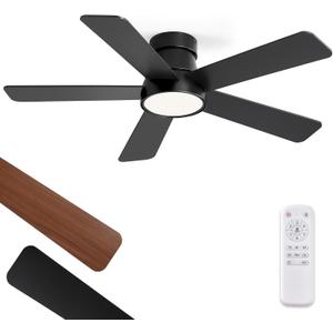 42 Inch Ceiling Fans with Lights and Remote,Outdoor Indoor Modern Flush Mount Ceiling Fan with 3CCT 6-Speed Quiet DC Motor,Black Small Low Profile Ceiling Fan for Bedroom Living Room Office
