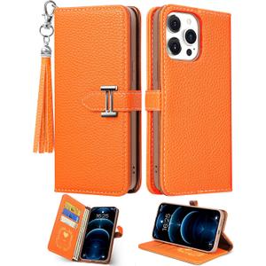 for iPhone 14 Pro Max Case Wallet for Women Leather Folio Designer Luxury Phone Cases with Credit Card Holder Stand Flip Cute Orange Cover Elegant Pretty with Tassel for Apple 14 Promax 6.7"