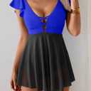 Women's One Piece Ruffle Swimsuit Sexy Mesh One Piece Swim Dress Tummy Control V Neck Swimwear (Royal Blue and Black)