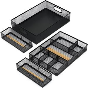 Desk Drawer Organizer, 4 Pack Metal Mesh, Black
Adjustable Dividers, Stackable, Pen Organizer, Office Supplies Organizer