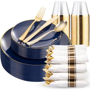 KIRE 175Pcs Blue Plastic Plates - Navy Blue Plates Disposable - 25 for Dinner 25 for Dessert 25 Pre Rolled Napkins with Gold Plastic Silverware and 25 Cups for Birthday Party/Wedding