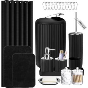 XLHOMO 24 PCS Black Bathroom Accessories Set with Shower Curtain and Rugs, Bathroom Sets with Extra Soft and Absorbent Bath Rugs Shower Curtain Black Bathroom Sets for Bath