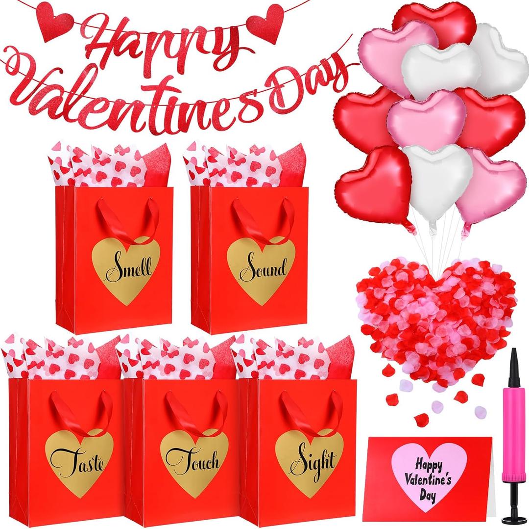 Gueevin 5 Senses Gift Bags for Him and Her Five Senses Red Pink Gift Bags Valentine's Day Party Decorations with Paper Rose Petals Heart Balloon and Happy Valentine's Day Banner