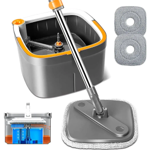 KZKR Spin Mop and Bucket Set with 2 Replaceable Microfiber Mop Pads with Self Separation Dirty and Clean Water System, Self Wringing 360° Rotating Square Mop Head for Hardwood Tile Marble Floors
