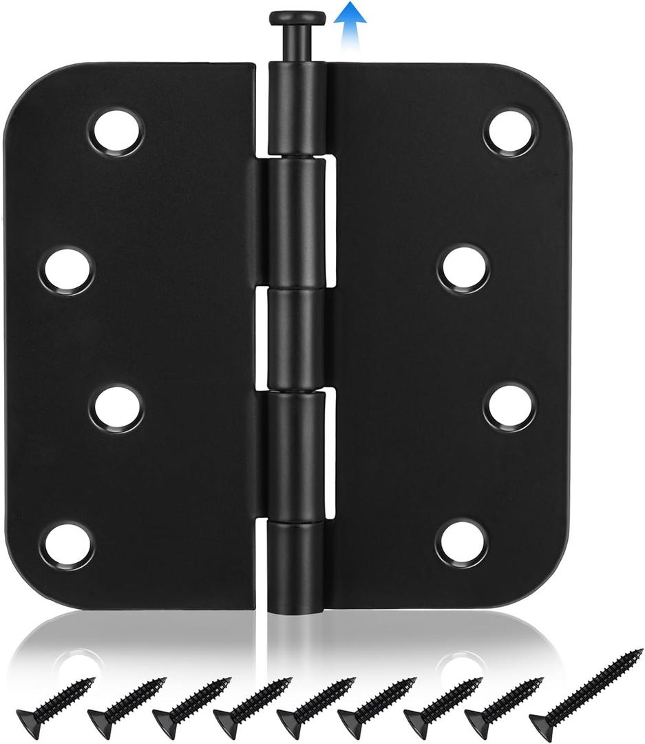 Door Hinges Black Matte 6 Pack 4 x 4 Inch Interior and Exterior Door Hinge, 5/8" Radius Corner Black Door Hinges, Removable Pin, Heavy Duty Door Hardware