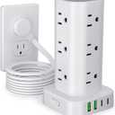 Power Strip Tower with Multiple Outlets, Flat Plug Surge Protector Tower Extension Cord with 12 AC Outlets 4 USB Ports (2 USB C), 10FT Cord Power Tower Surge Protector for Home Office Dorm Room, White