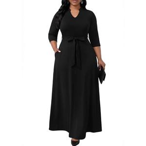 FANDEE Maxi Dress for Women, Casual V Neck 3/4 Sleeve Long Dresses with Pockets Black 3XL