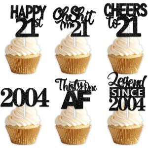 4 x 18pcs Black Glitter Happy 21st Dessert Cupcake Topper Pick for Funny Legend Since 2004 Theme Decor Supplies Men Women Happy 21 Birthday Party Decoration