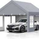 Garvee 13x20 ft Heavy Duty Carport, Extra Large Galvanized Steel Car Canopy with All-Season Tarp Cover, 4 Roll-Up Doors & Mesh Windows, Portable Garage Shelter for Car, Truck, SUV, Boat, Grey