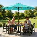 10FT Solar Lighted Patio Umbrella, Outdoor Table Market Umbrellas with Push Button Tilt and Crank, 32 LED Lights, 8 Sturdy Ribs, UV-Resistant for Deck, Garden, Pool