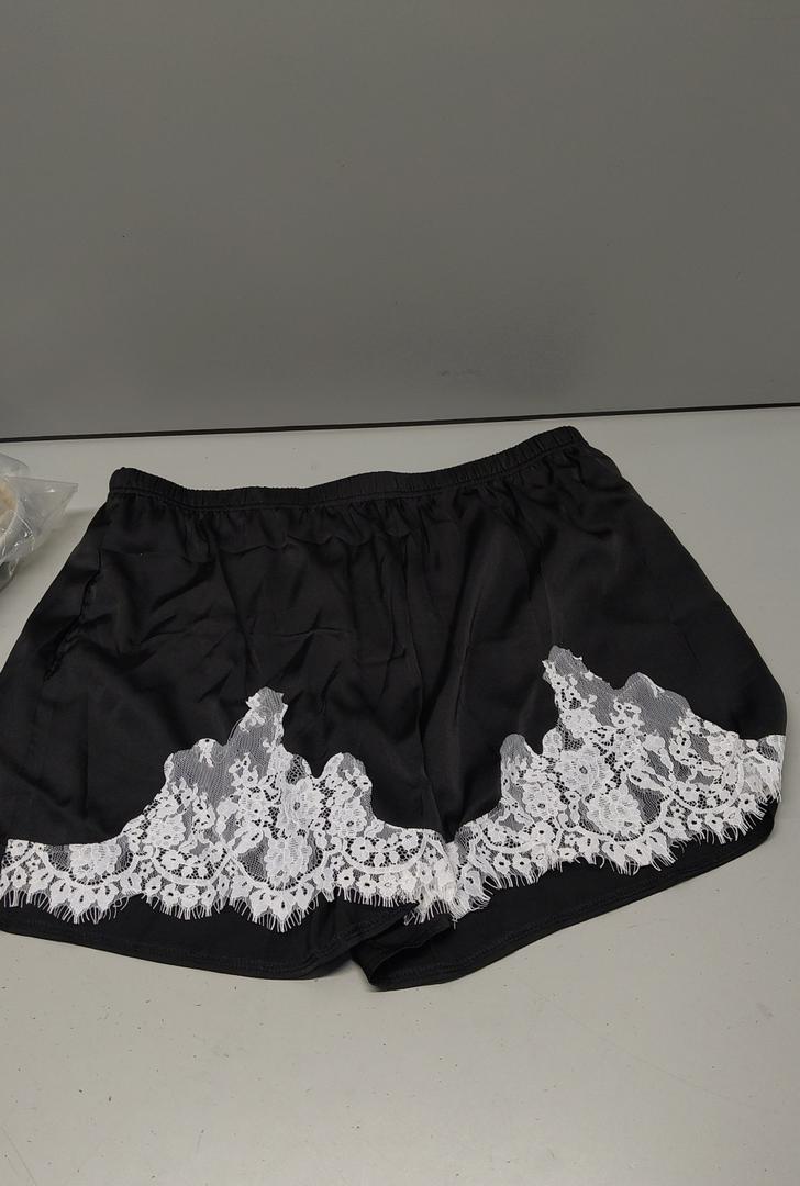 Aoulaydo Lace Shorts Satin Silk Micro Y2K Shorts Coquette Lounge Pj Bottoms French Knickers with Pockets, Black Large
