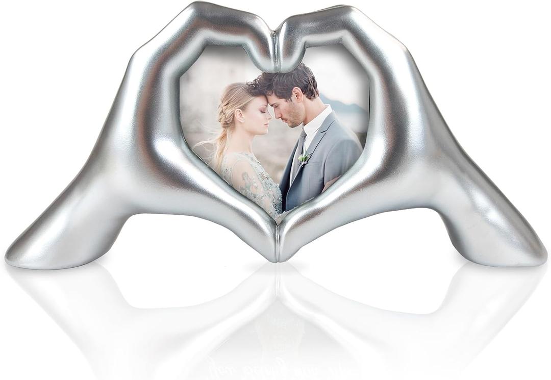 Unique Heart Hands Sculpture with Picture Frame - Romantic Wedding,Anniversary and Engagement Gift Idea for Couples, Women,Wife (Silver)