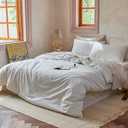 QKTE Striped 100% Washed Cotton Duvet Cover Set Twin Size 2Pcs(1 Comforter Cover&1 Pillowcase), Natural Cotton Bedding Set Soft Breathable Farmhouse Zipper Closure All Seasons(0ff White-Khaki,Twin)