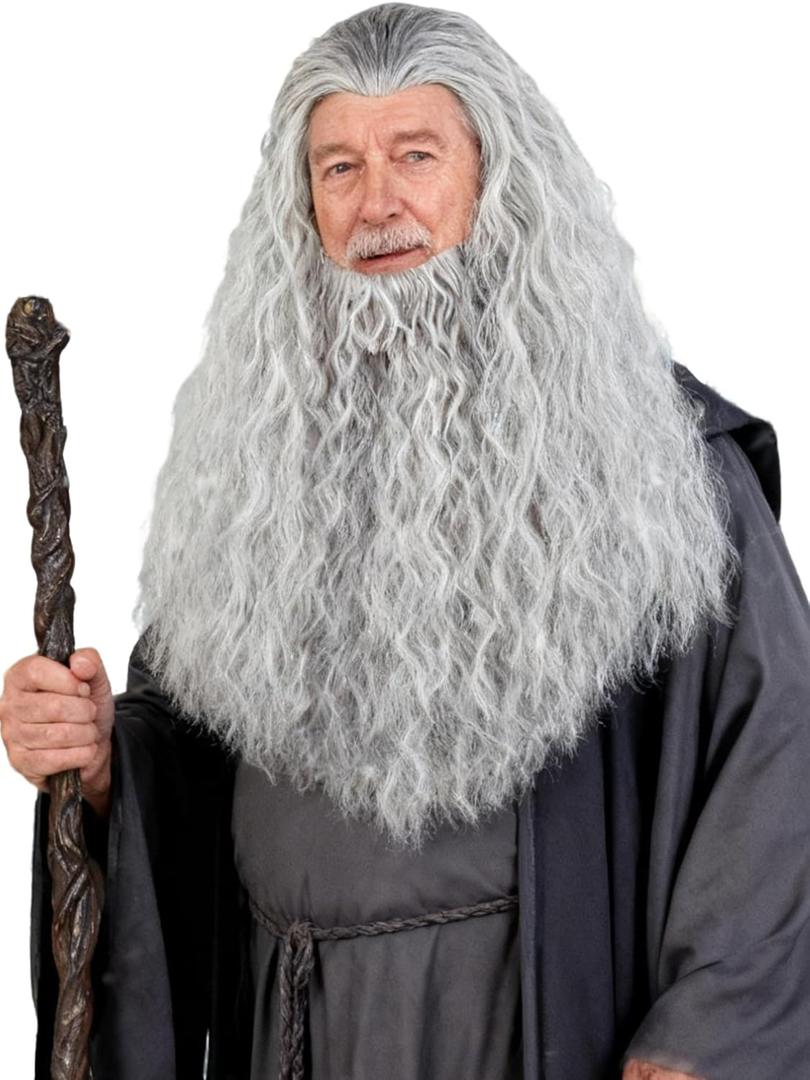 Gray Wig and Beard Long Curly Grey Beard Costume Wigs Set Synthetic Hair for Men Halloween Party