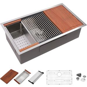 Dcolora 33" Black Undermount Kitchen Sink Workstation NANO-PVD Kitchen Sinks with Ledge Round Corner 16 Gauge Stainless Steel Single Bowl Basin, Stainless Steel 33"x19’x10", DC-U7706