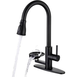 Matte Black Kitchen Faucet with Glass Rinser, Pull Down Sprayer with 3 Water Modes, Single Handle Stainless Steel Kitchen Sink Faucet with Deck Plate, Modern High Arc Design