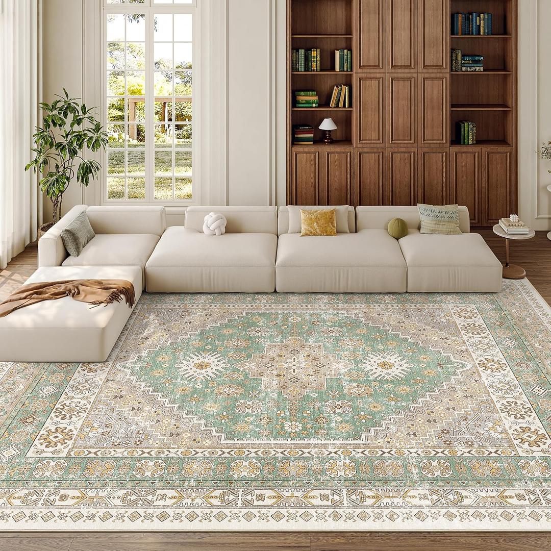 zesthome 8x10 Area Rugs for Living Room, Non-Slip Backing Washable Rugs, Vintage Large Area Rug Stain Resistant Home Decor Rug (Green/Brown,8'x10')