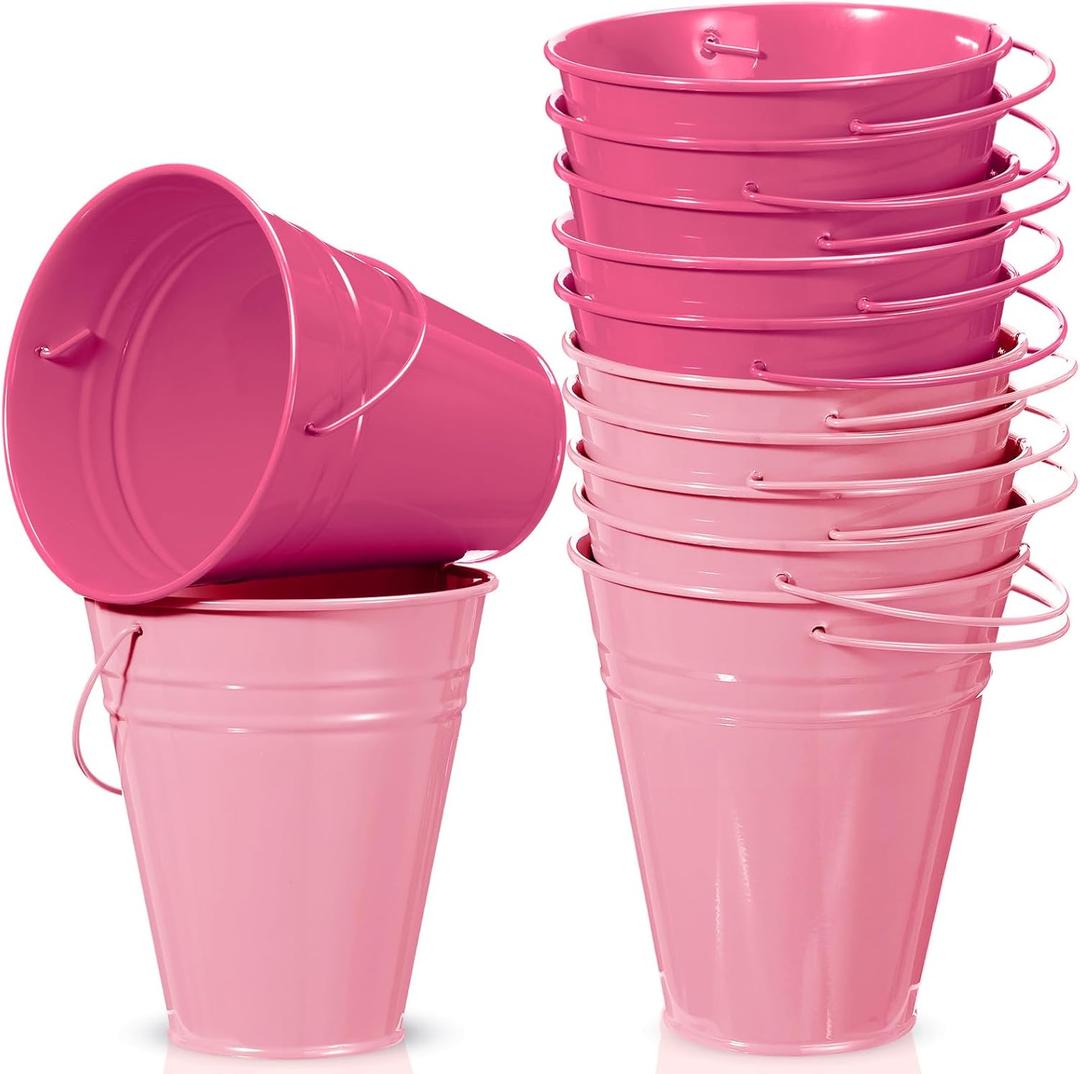 Sadnyy 12 Pack Metal Buckets with Handle, Galvanized Bucket 4.5 x 5 Inch Basket Bucket Party Supplies, Crafts for Christmas Halloween Christmas Candy Bars Vase Crafts (Pink)