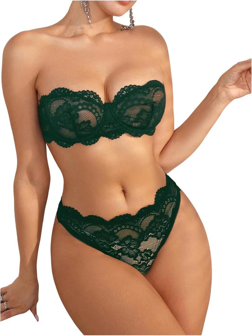 WDIRARA Women's 2 Piece Exotic Lingerie Set Floral Lace Mesh Sheer Strapless Bra and Panty Set (Large, Dark Green)