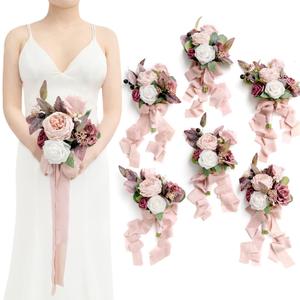 Ling's Moment Artificial Flowers Pink Bridesmaid Bouquet Set of 6, Dusty Rose & Mauve Wedding Flowers Bouquets for Bridesmaids, 7 Inch Bridal Bouquets for Bridesmaids, Wedding, Ceremony, Anniversary