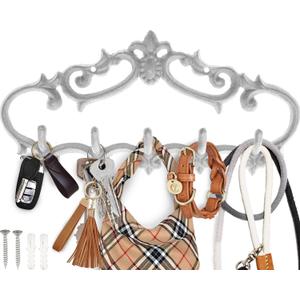 Comfify Cast Iron Wall Hanger  Rustic Design with 5 Hooks  Heavy Duty Metal Organizer for Keys, Towels, Robes, and Clothes  Rustic White  12.6x5.9 Inches