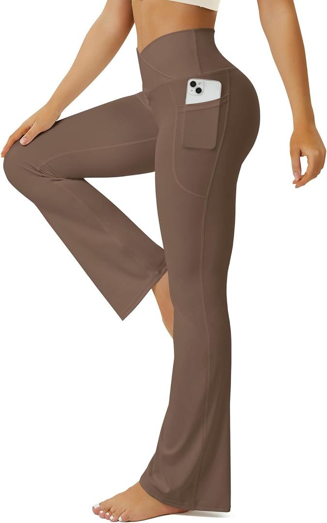 FOHOFO Yoga Pants Women, Flare Leggings for Women with Pockets Crossover High Waisted Bootcut Yoga Pants (XX-Large, Yellow-brown)