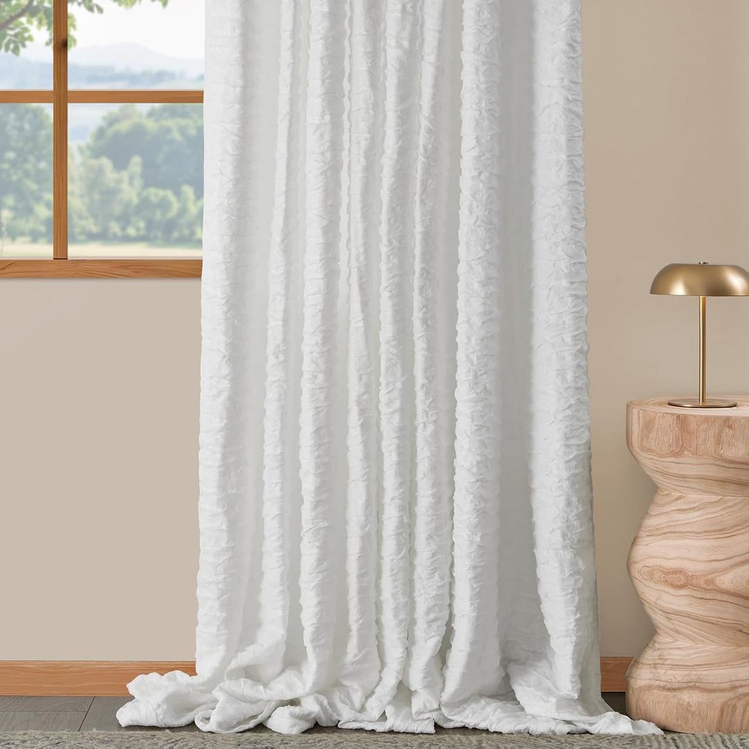 BULBUL White Linen Curtains 84 inches Long for Living Room,2 Panels Linen Ivory Cream Semi Sheer Light Filtering Tulle Curtains,Neutral Farmhouse Country Boho Bedroom Curtain Drapes