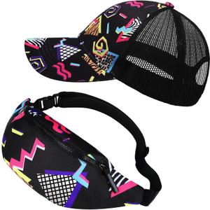 2 Pcs Retro 80s 90s Outfits for Women Men Fanny Pack and Hat Costumes Accessories for Party Decorations