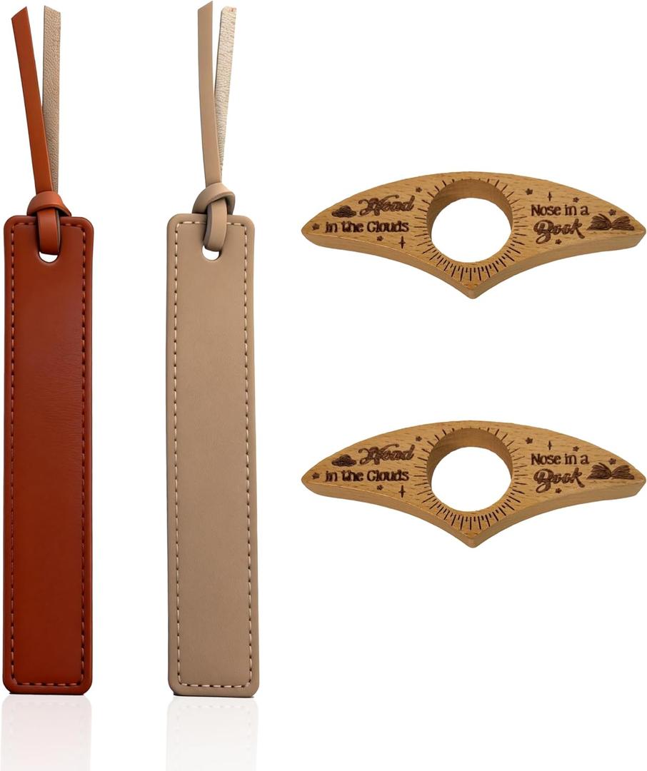 Book Marks Set - Wooden Page Holder for One-Handed Reading & Leather Bookmark, Gifts for Book Lovers (4 Pcs: 2 Wood + 2 Leather)
