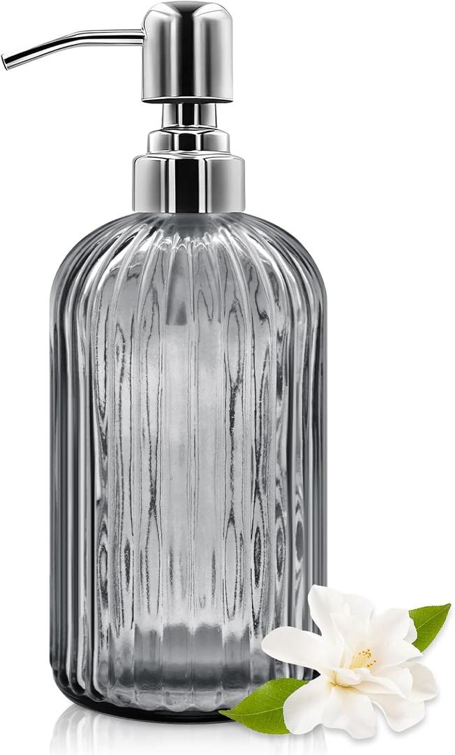 18 Oz Glass Soap Dispenser with Stainless Steel Pump, Modern Ribbed Design Refillable Liquid Soap Bottle for Bathroom, Kitchen, Hand Soap, Dish Soap, or Lotion (Grey)