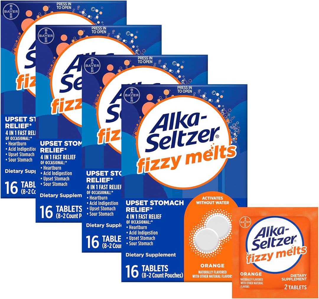 Alka-Seltzer Fizzy Melts, Dissolve on Tongue, No Water Needed, On-The-Go Dietary Supplement Antacid Tablets, for Relief of Occasional Heartburn and Acid Indigestion*, Orange Flavor, 64 Count Alka-Seltzer Fizzy Melts, Dissolve on Tongue, No Water Needed, On-The-Go Dietary Supplement Antacid Tablets, for Relief of Occasional Heartburn and Acid Indigestion*, Orange Flavor, 64 Count
