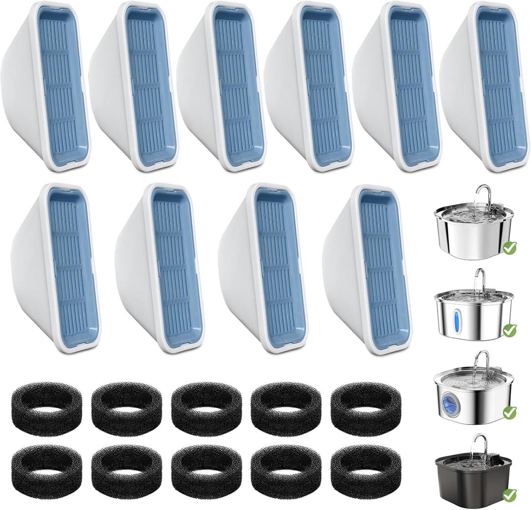20 Pack Cat Water Fountain Filters for 3.2L/108oz & 84oz/2.5L Pet Water Fountain,Replacement Filters 10 Pack with 10 Pack Filter Sponges