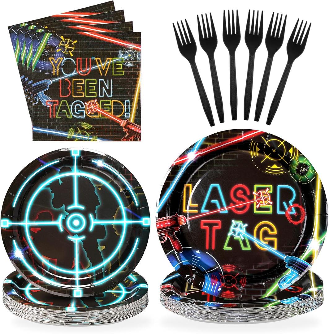 96 Pcs Laser Tag Party Supplies Disposable Glow Neon Plates Napkins Forks Tableware Set Laser Tag Party Favors for Kids Boys Girls Neon Glow Shooting Game Laser Tag Birthday Decorations, Serves 24