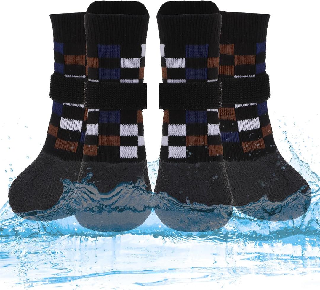 PUPTECK Dog Shoes for Hot Pavement Small Medium Large Size Dogs, Booties and Paw Protectors for Hardwood Floors, Grippy Socks to Prevent Licking Rubber Rain Hiking Boots for Senior Anti Slip (Checkered)